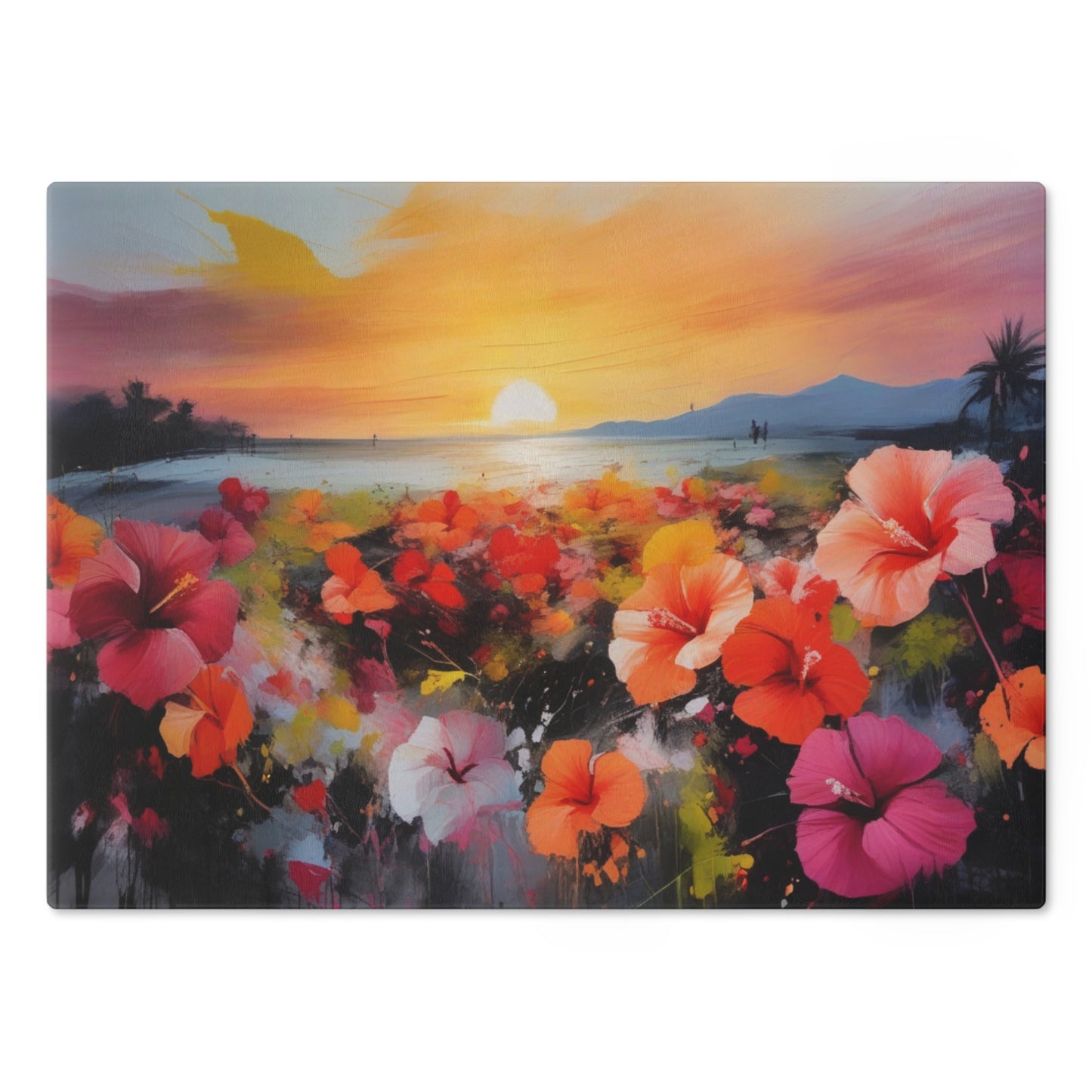 Tempered Glass Cutting Board – Hygienic, Scratch-Resistant, Dishwasher-Safe | Modern Kitchen Essential, Vibrant Floral Sunset Cutting Board - Artistic Kitchen Decor