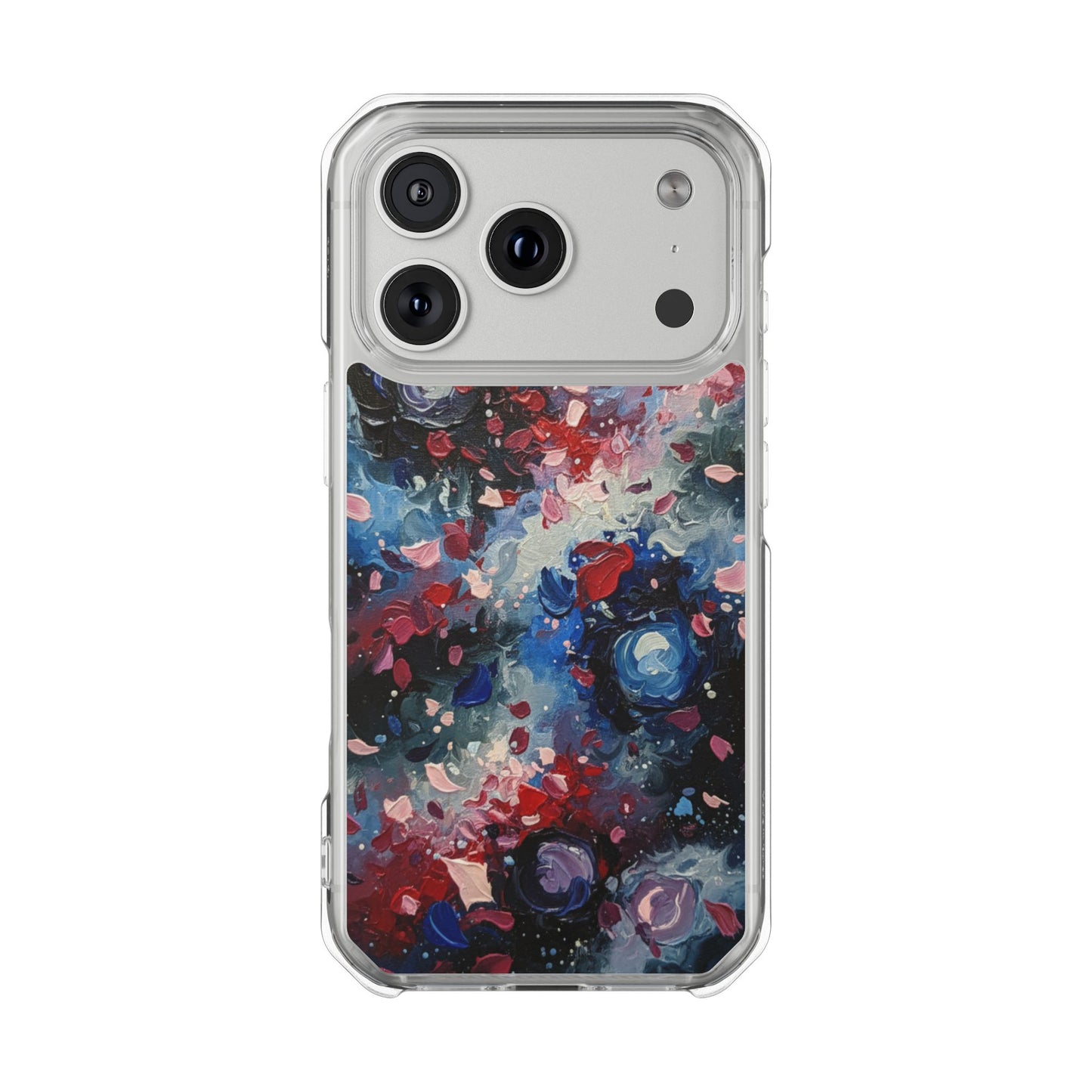 Magnetic Impact Phone Case for iPhone 17/16/15/14 Clear Magnetic Impact Phone Case — Abstract Red & Blue Galaxy Design