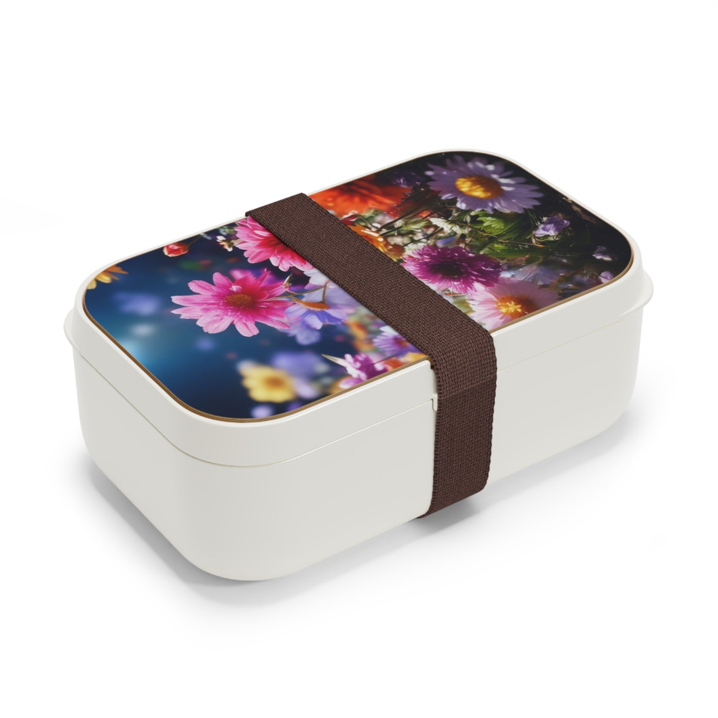 Floral Bouquet Bento Lunch Box. Portable, Custom Designed Food Container with Wooden Lid & Two Moveable Compartments for Work, School & Picnics