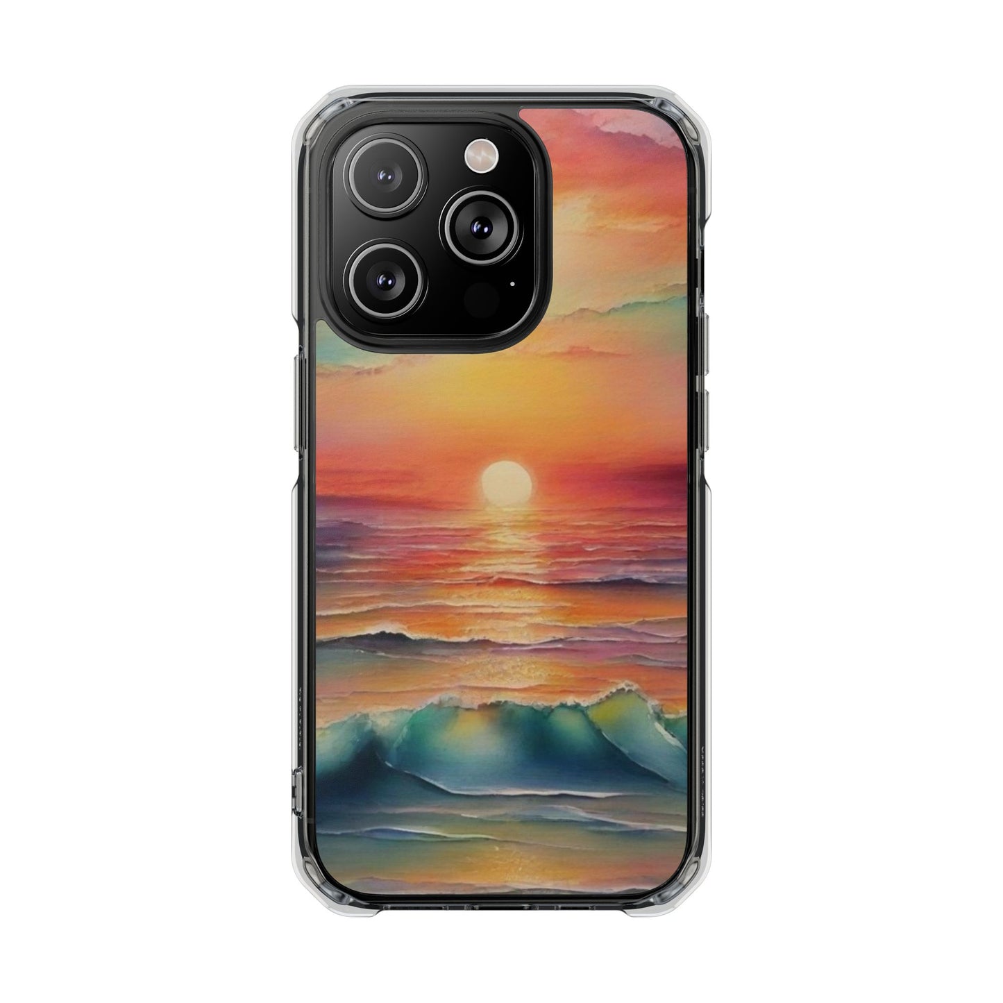 Clear Magnetic Phone Case — Sunset Ocean Art Design. Magnetic Impact Phone Case for iPhone 17/16/15/14. The Embedded Magnet Ring Keeps MagSafe Accessories Snapping on Smoothly.