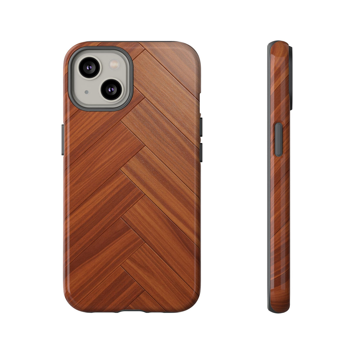 iPhone Tough Cases Phone Cases for iPhone 14\15\16\17 – Dual Layer, Matte/Glossy Finish, Wireless Charging Compatible. Plastic Woodgrain Herringbone Design Phone Case