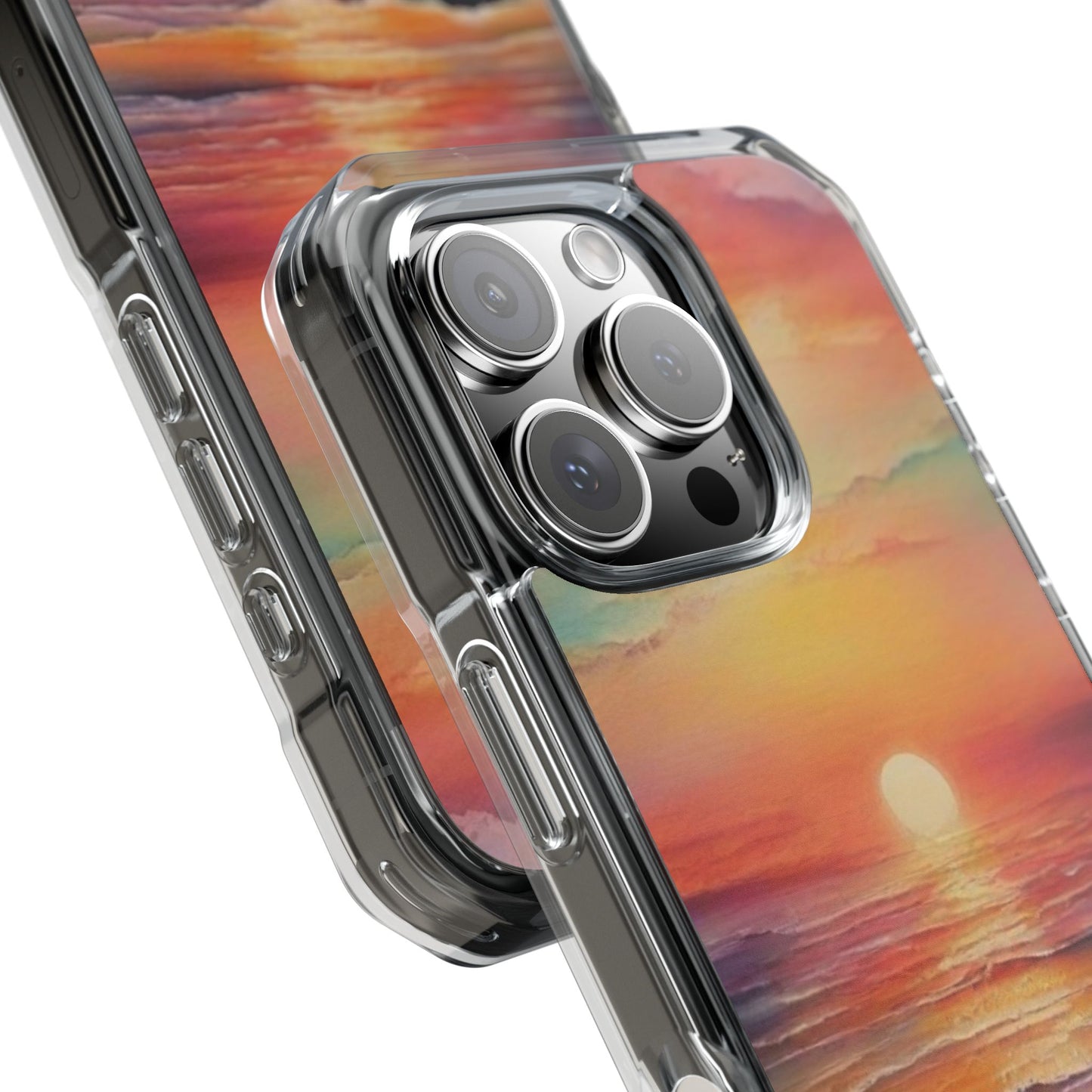 Clear Magnetic Phone Case — Sunset Ocean Art Design. Magnetic Impact Phone Case for iPhone 17/16/15/14. The Embedded Magnet Ring Keeps MagSafe Accessories Snapping on Smoothly.