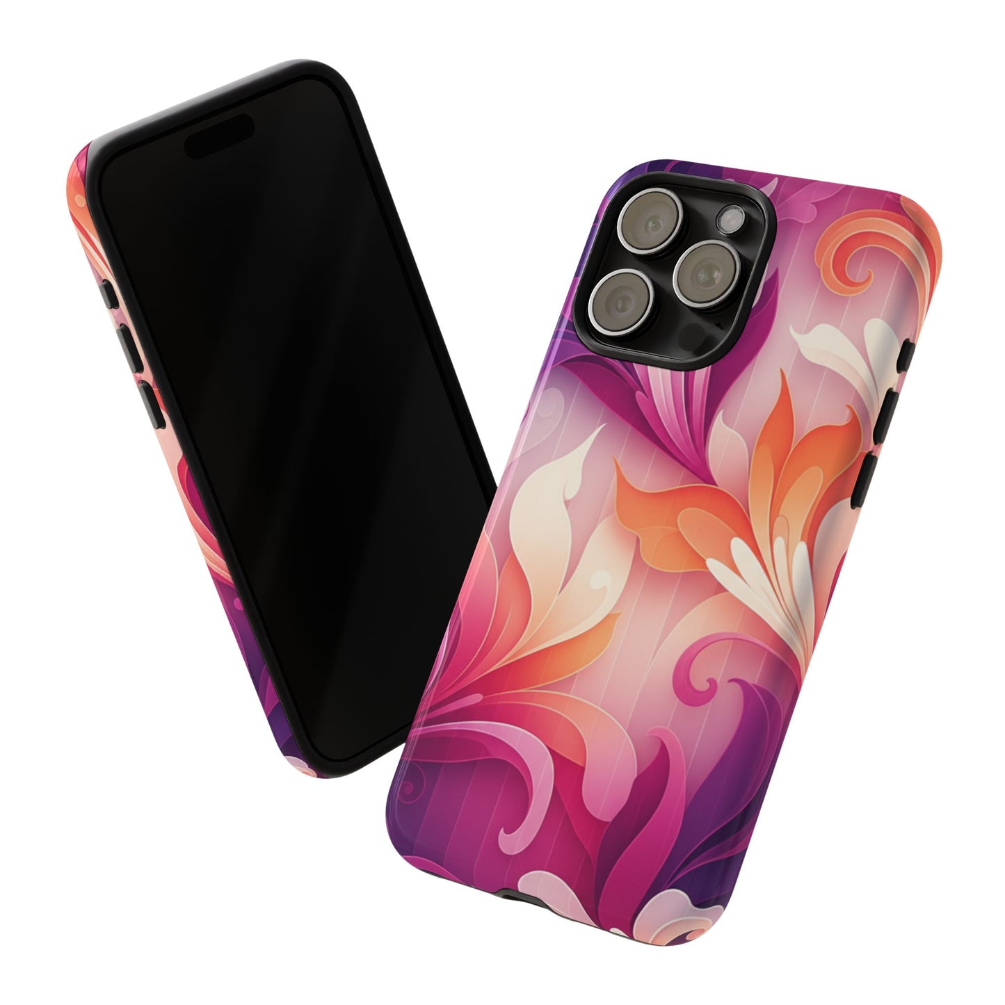 Floral Swirl Tough Phone Case iPhone Tough Cases Phone Cases for iPhone 14\15\16\17 – Dual Layer, Matte/Glossy Finish, Wireless Charging Compatible — Pink & Orange Protective iPhone Cover