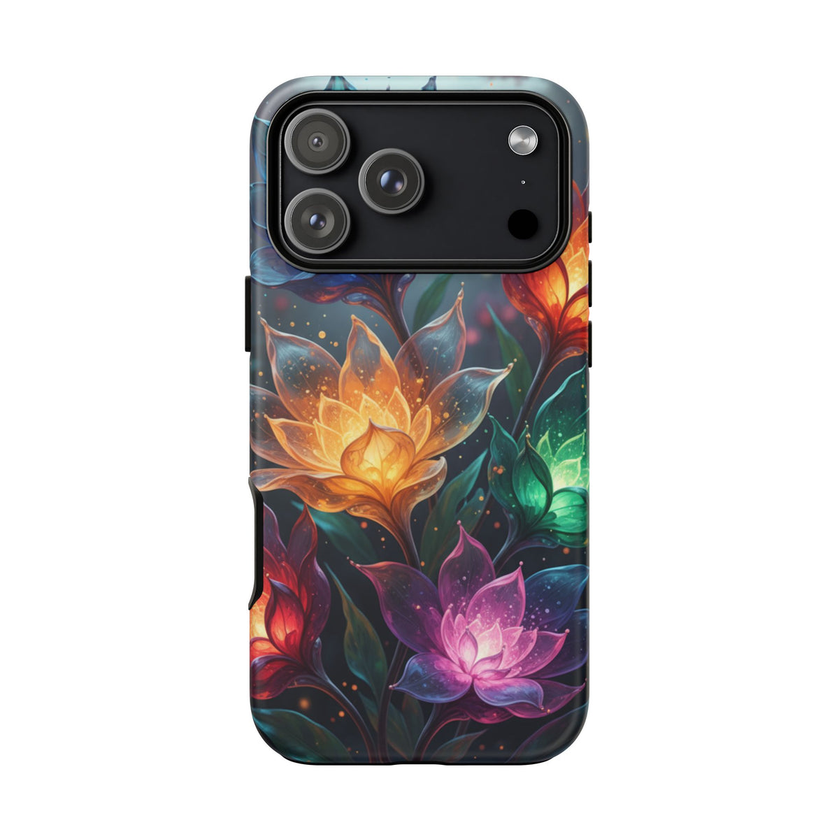 iPhone Tough Cases Phone Cases for iPhone 14\15\16\17 – Dual Layer, Matte/Glossy Finish, Wireless Charging CompatibleFloral Lotus Tough Phone Case - Colorful Glowing Flowers Protective Cover