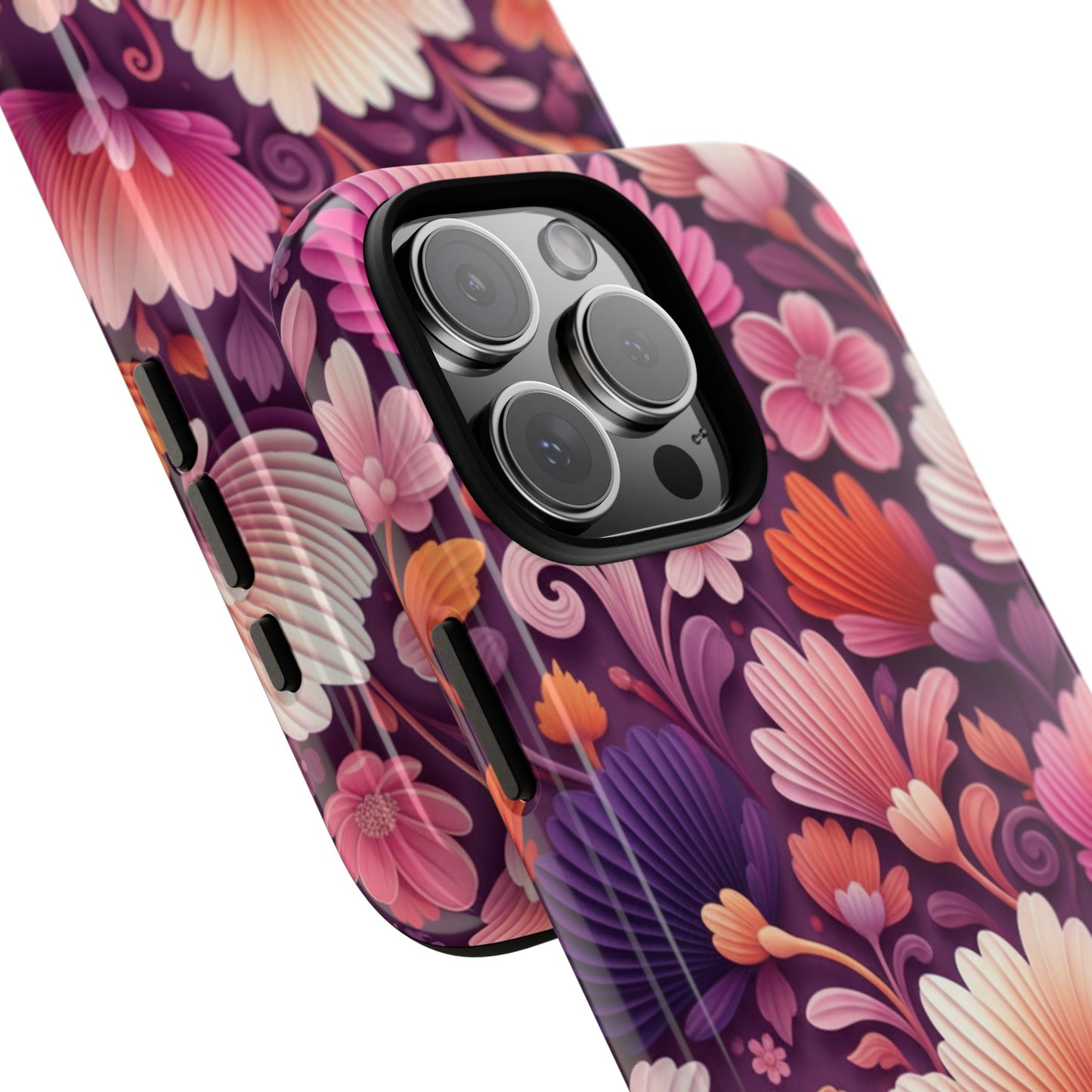 Floral Vibes Phone Case — iPhone Tough Cases Phone Cases for iPhone 14\15\16\17 – Dual Layer, Matte/Glossy Finish, Wireless Charging Compatible. Pink & Purple Retro Blossom Protective Cover