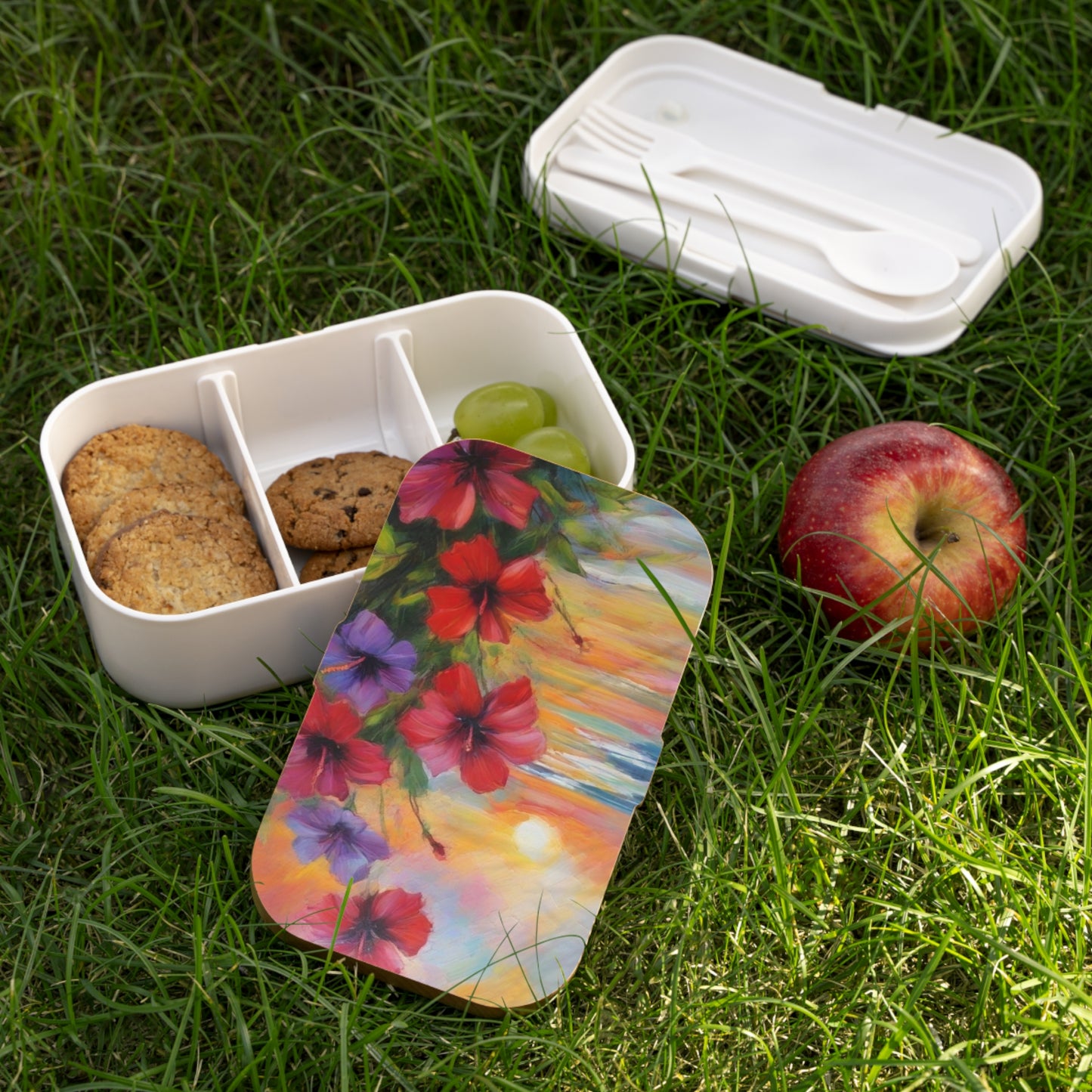 Stylish Bento Box Lunchbox – Portable, Designed Food Container with Wooden Lid & Two Moveable Compartments for Work, School & Picnics