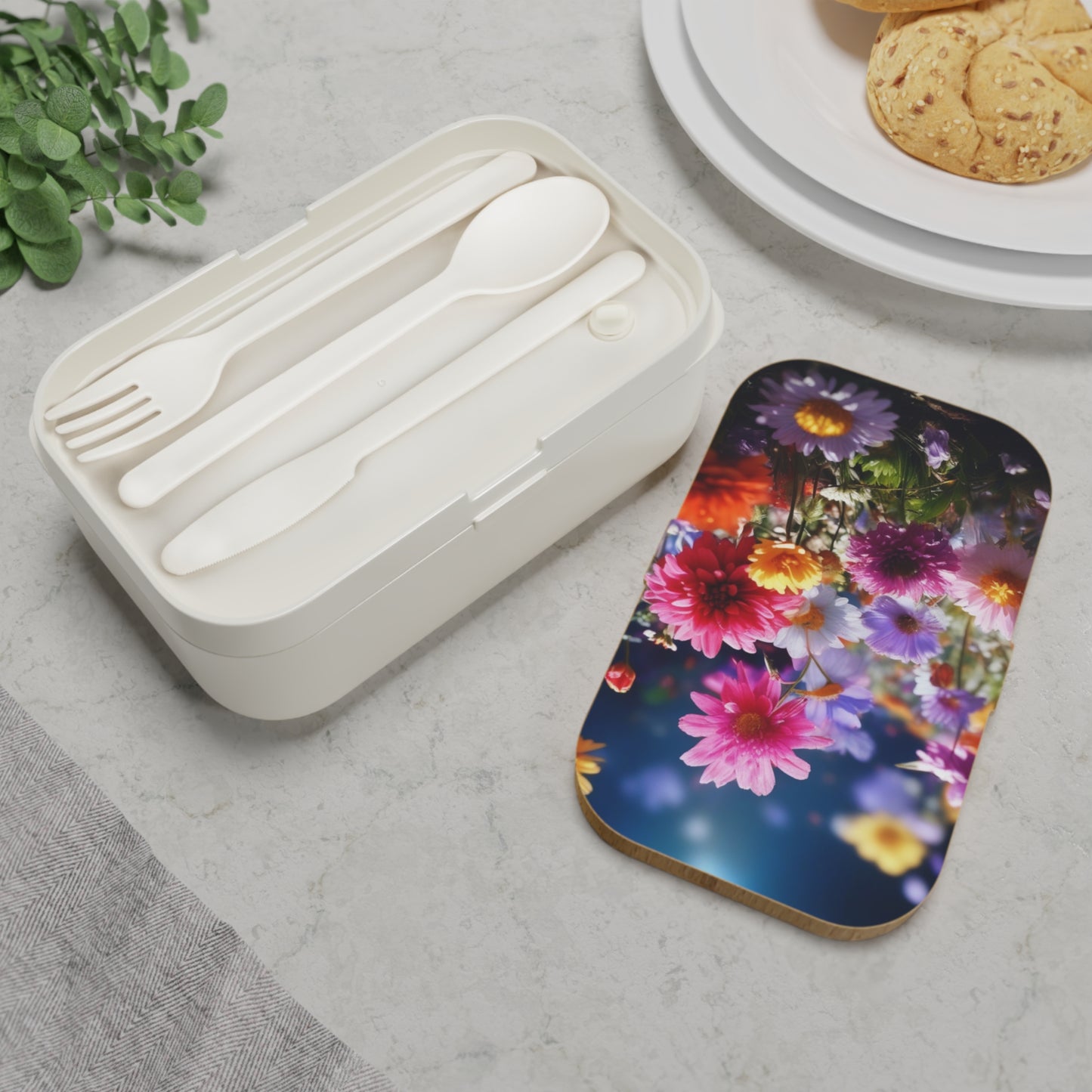 Floral Bouquet Bento Lunch Box. Portable, Custom Designed Food Container with Wooden Lid & Two Moveable Compartments for Work, School & Picnics