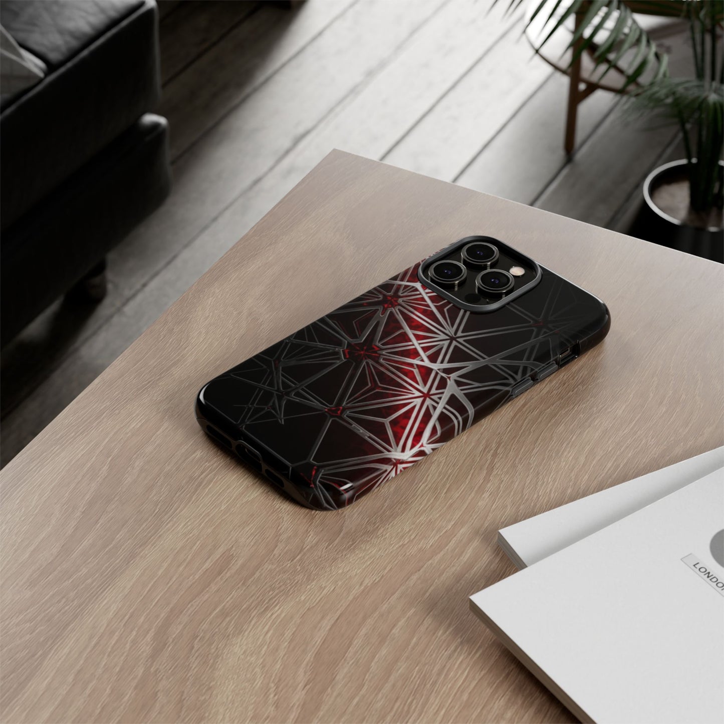 iPhone Tough Cases Phone Cases for iPhone 14\15\16\17 – Dual Layer, Matte/Glossy Finish, Wireless Charging Compatible. Geometric Tough Phone Case — Red & Black Abstract Protective Cover