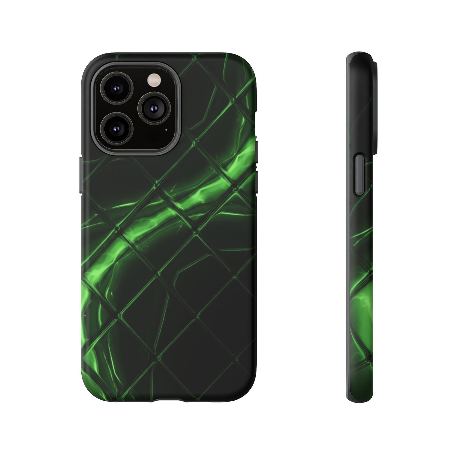 iPhone Tough Cases Phone Cases for iPhone 14\15\16\17 – Dual Layer, Matte/Glossy Finish, Wireless Charging Compatible. Green Neon Grid Phone Case — Protective Tough Case with Abstract Glow Design