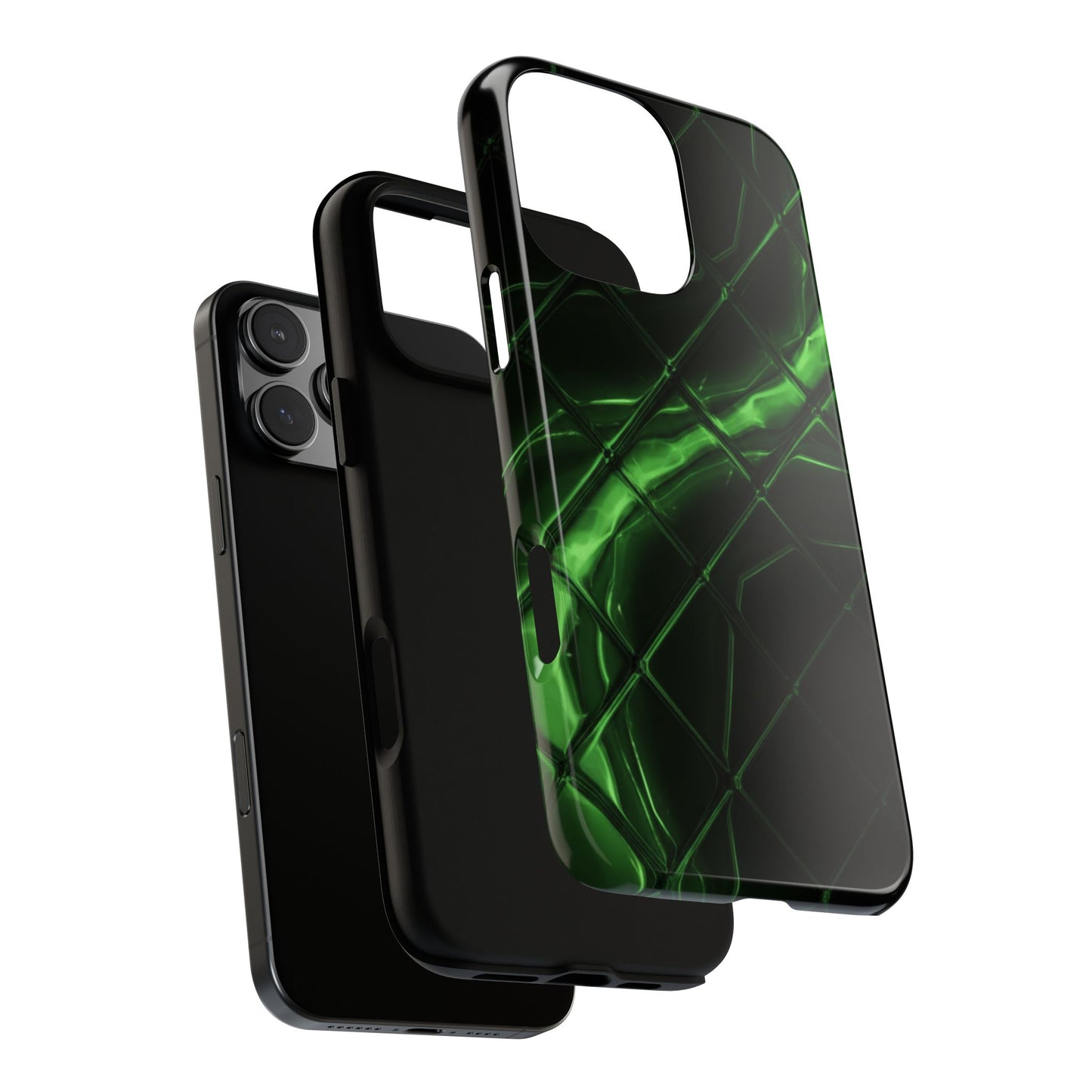 iPhone Tough Cases Phone Cases for iPhone 14\15\16\17 – Dual Layer, Matte/Glossy Finish, Wireless Charging Compatible. Green Neon Grid Phone Case — Protective Tough Case with Abstract Glow Design