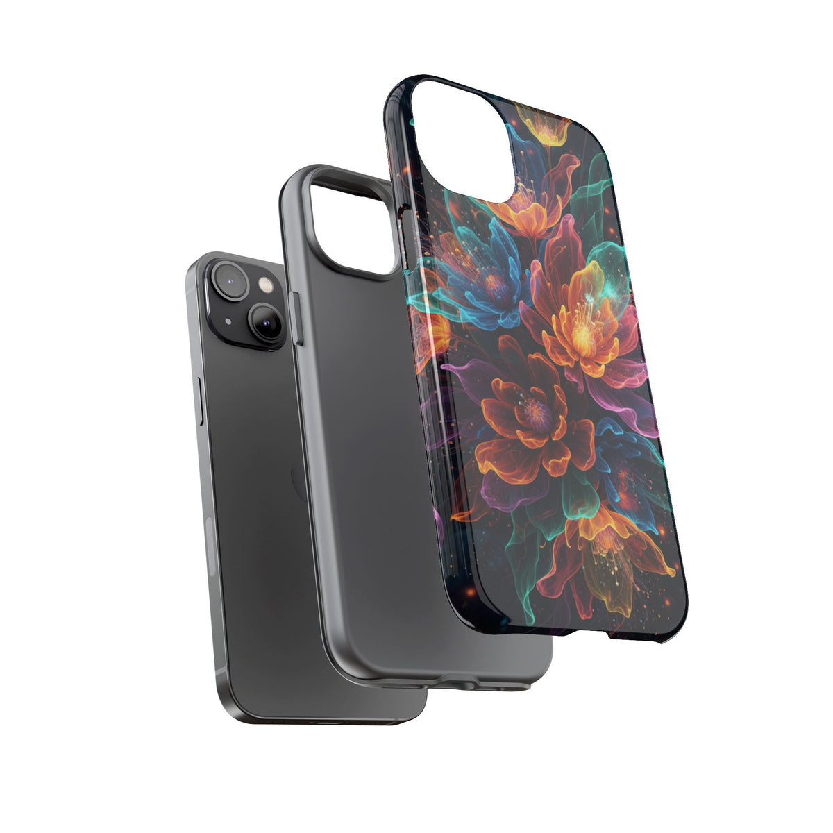 Floral Nebula Tough Phone Case — Colorful Cosmic Flower Protective Cover. iPhone Tough Cases Phone Cases for iPhone 14\15\16\17 – Dual Layer, Matte/Glossy Finish, Wireless Charging Compatible