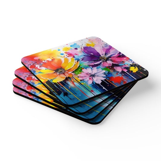 Vibrant Floral Corkwood Coaster Set - Colorful Drink Protection