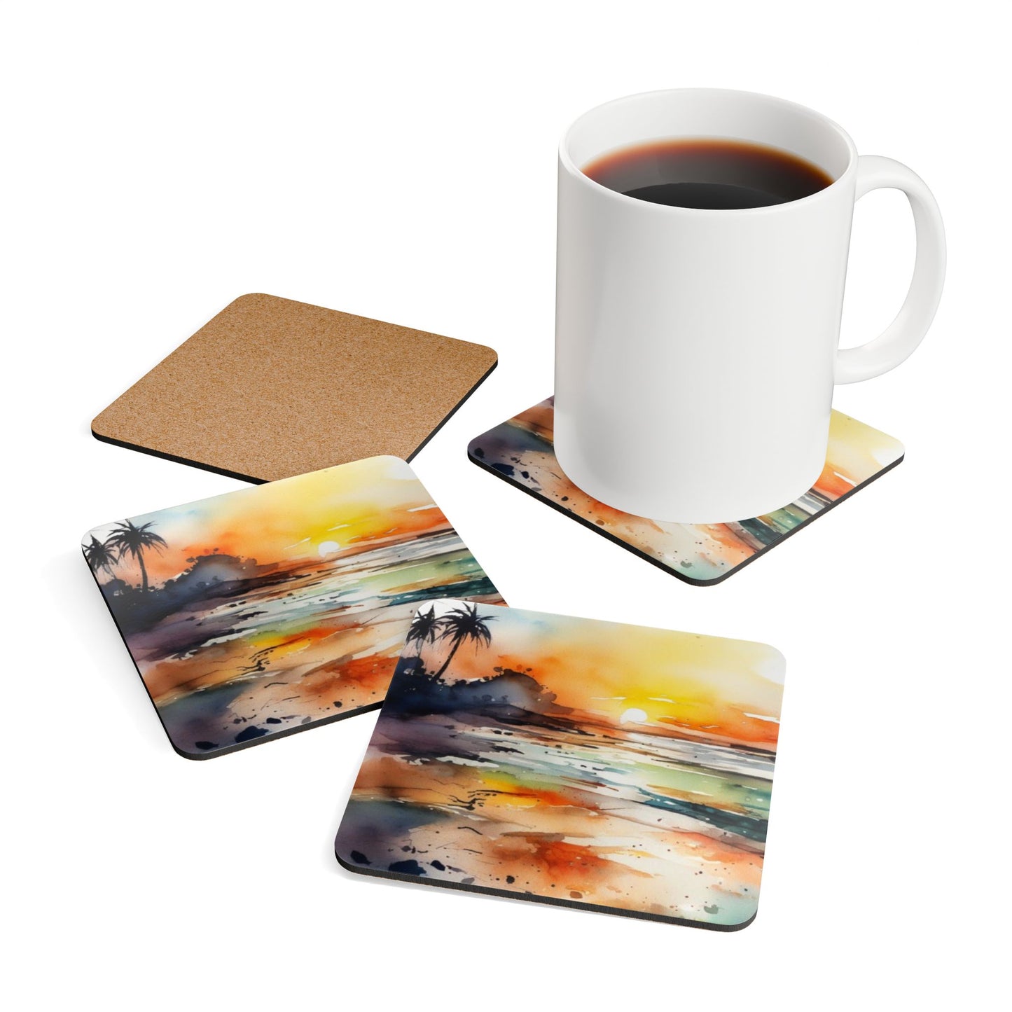 Artistic Cork Coaster Set with Sunset Design. Beach Lovers.