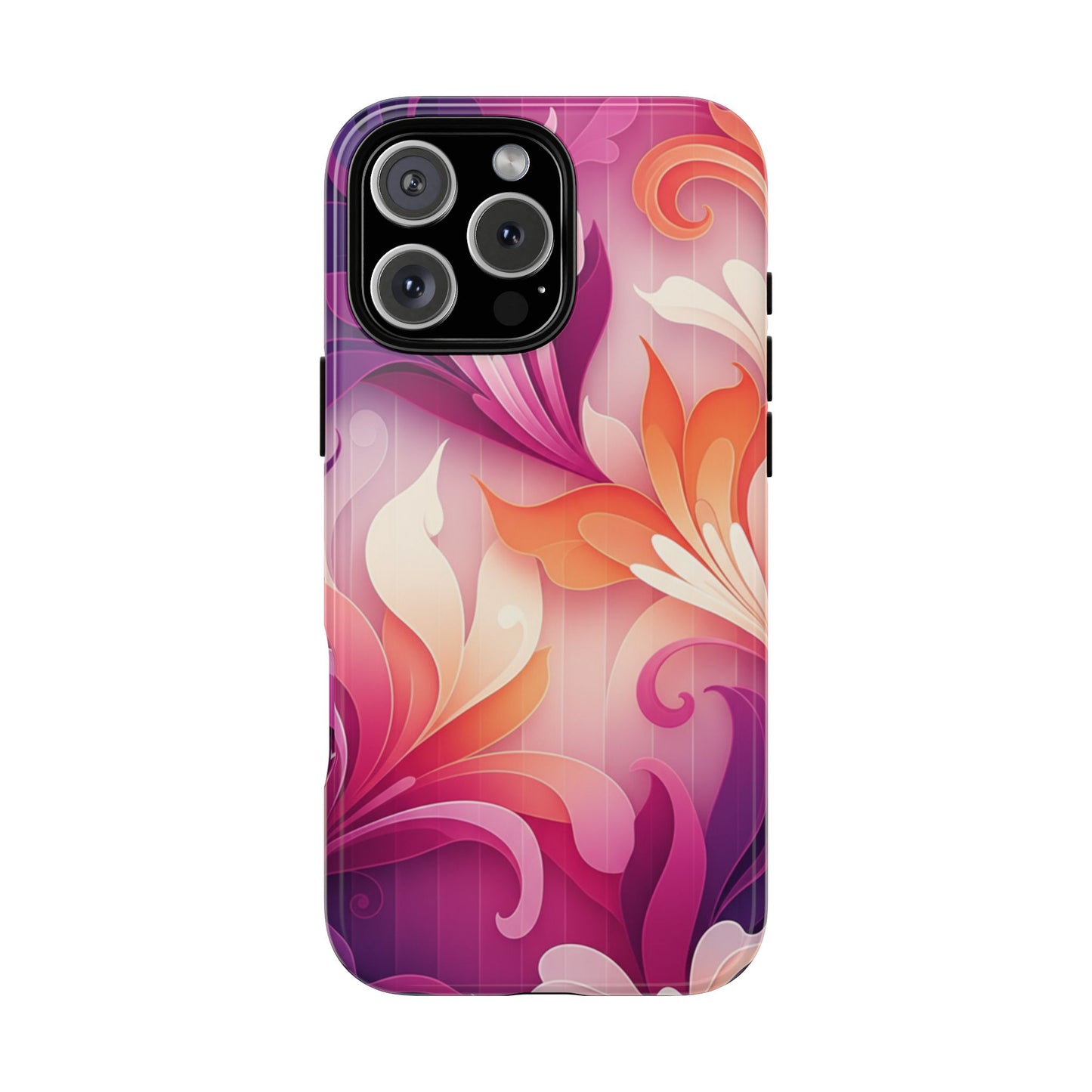 Floral Swirl Tough Phone Case iPhone Tough Cases Phone Cases for iPhone 14\15\16\17 – Dual Layer, Matte/Glossy Finish, Wireless Charging Compatible — Pink & Orange Protective iPhone Cover