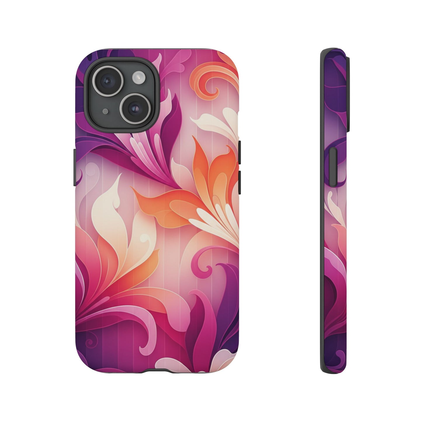 Floral Swirl Tough Phone Case iPhone Tough Cases Phone Cases for iPhone 14\15\16\17 – Dual Layer, Matte/Glossy Finish, Wireless Charging Compatible — Pink & Orange Protective iPhone Cover