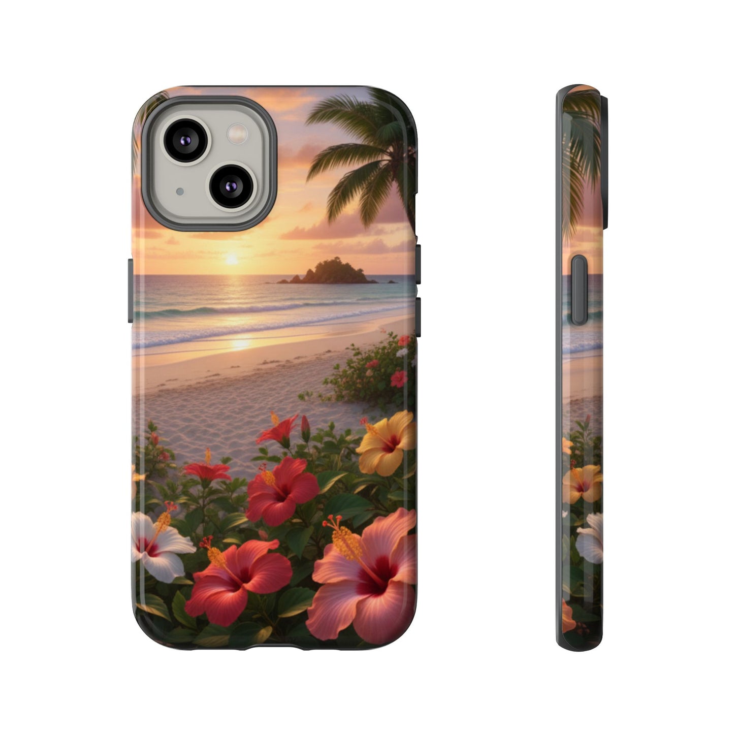 iPhone Tough Cases Phone Cases for iPhone 14\15\16\17 – Dual Layer, Matte/Glossy Finish, Wireless Charging CompatibleTough Cases — Tropical Sunset Hibiscus Phone Case