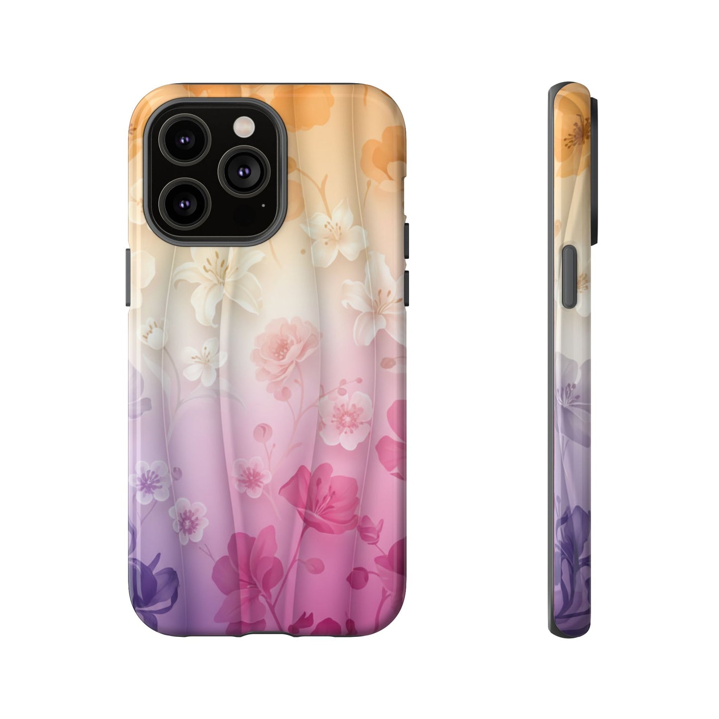 Floral Gradient Phone Case iPhone Tough Cases Phone Cases for iPhone 14\15\16\17 – Dual Layer, Matte/Glossy Finish, Wireless Charging Compatible - Pastel Ombre Flowers Protective Cover
