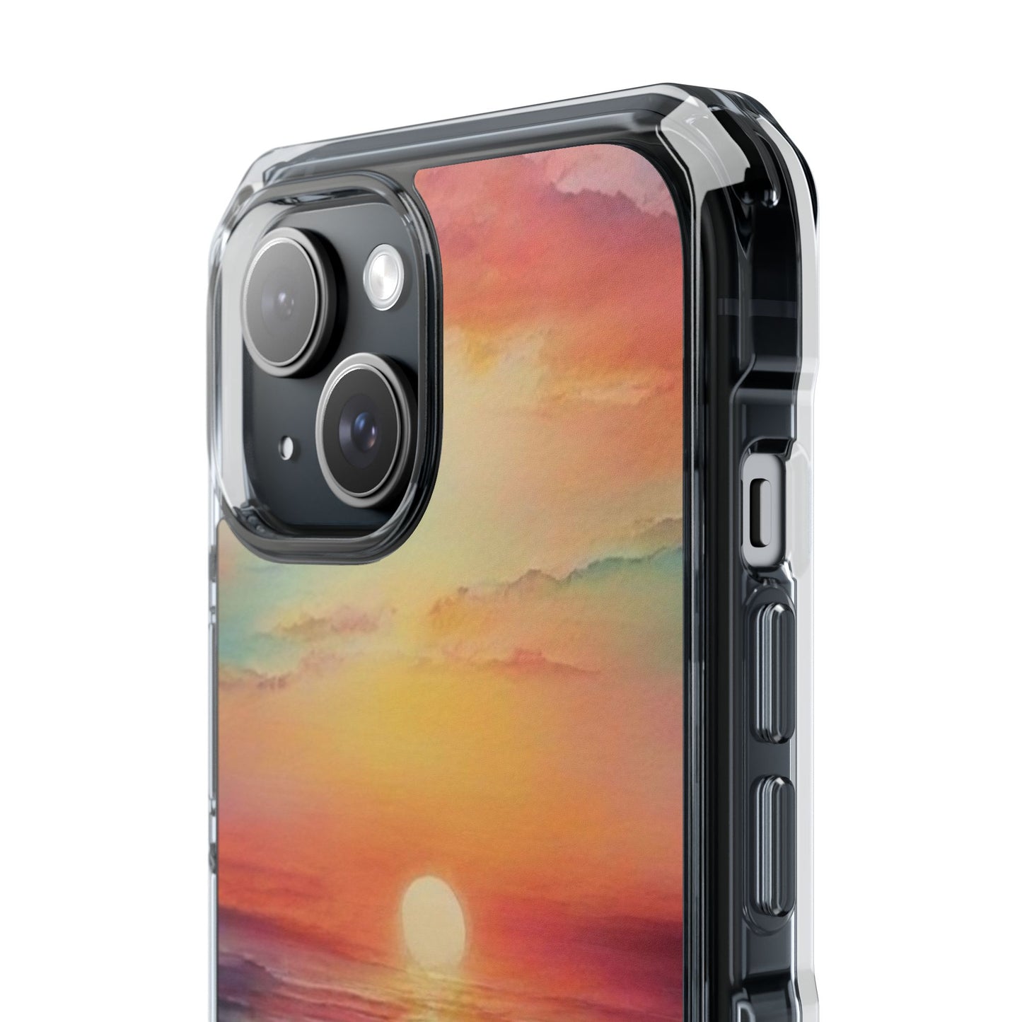 Clear Magnetic Phone Case — Sunset Ocean Art Design. Magnetic Impact Phone Case for iPhone 17/16/15/14. The Embedded Magnet Ring Keeps MagSafe Accessories Snapping on Smoothly.