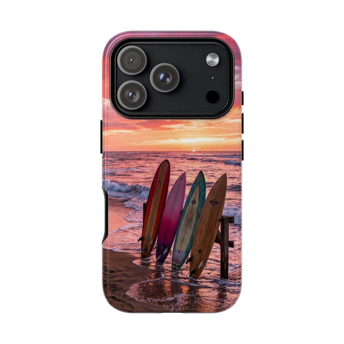 iPhone Tough Cases Phone Cases for iPhone 16\17\18 – Dual Layer, Matte/Glossy Finish, Wireless Charging Compatible. Phone Case - Sunset Surfboard Beach Case
