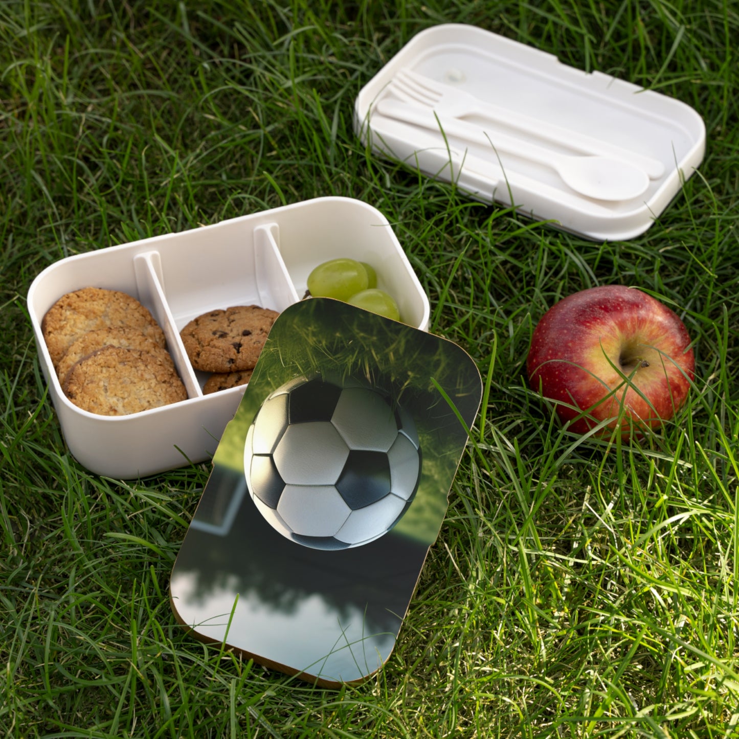 Stylish Bento Box Lunchbox – Portable, Designer Food Container with Wooden Lid & Two Moveable Compartments for Work, School & Picnics, Soccer Bento Lunch Box - Perfect for Sports Events & School Lunches
