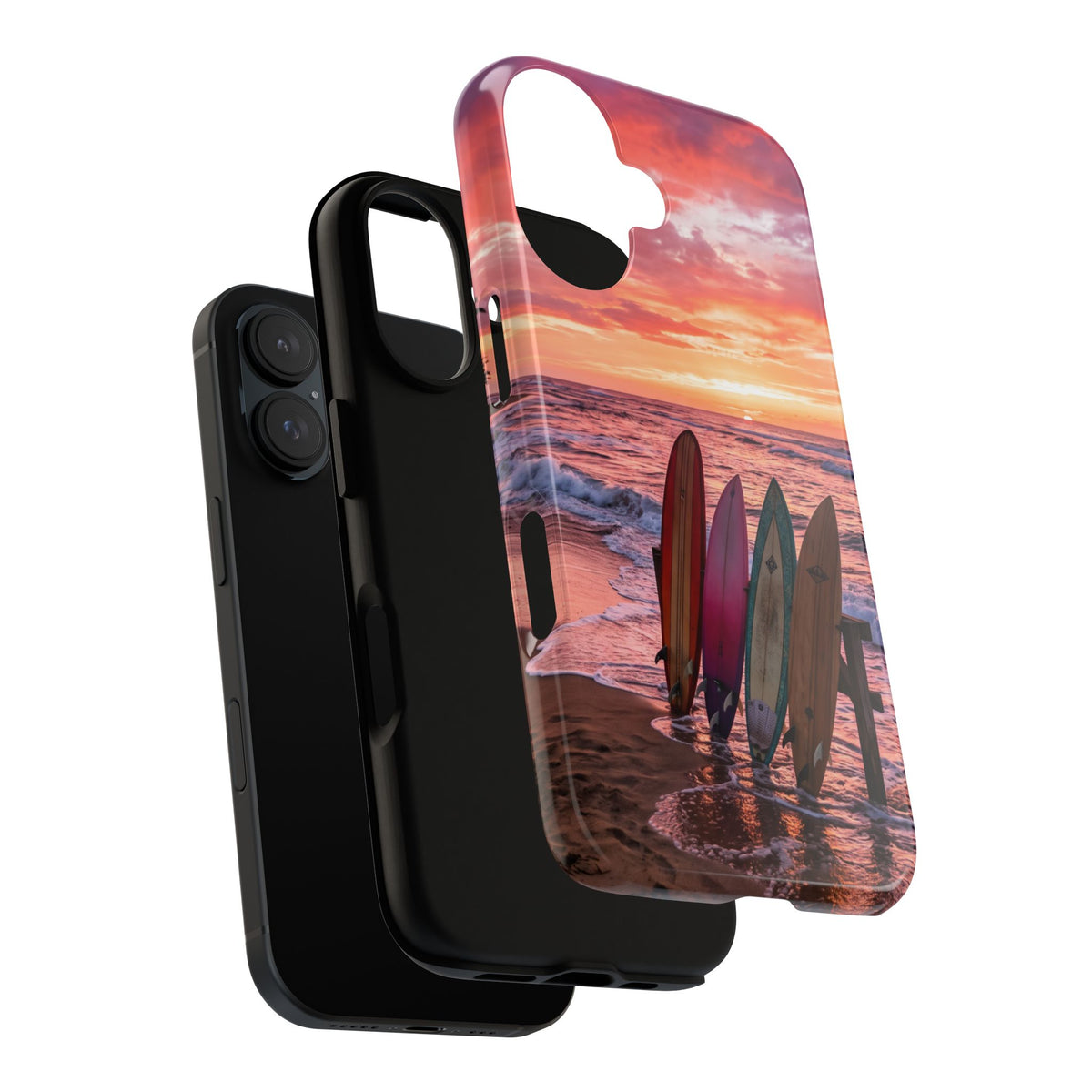iPhone Tough Cases Phone Cases for iPhone 16\17\18 – Dual Layer, Matte/Glossy Finish, Wireless Charging Compatible. Phone Case - Sunset Surfboard Beach Case
