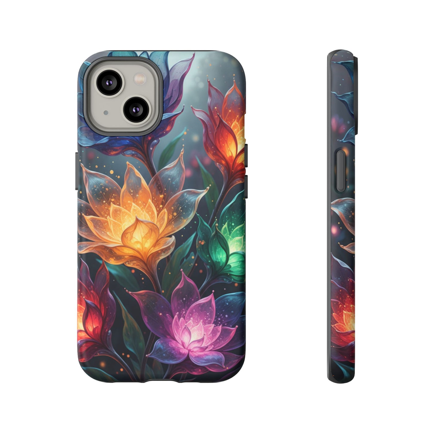 iPhone Tough Cases Phone Cases for iPhone 14\15\16\17 – Dual Layer, Matte/Glossy Finish, Wireless Charging CompatibleFloral Lotus Tough Phone Case - Colorful Glowing Flowers Protective Cover