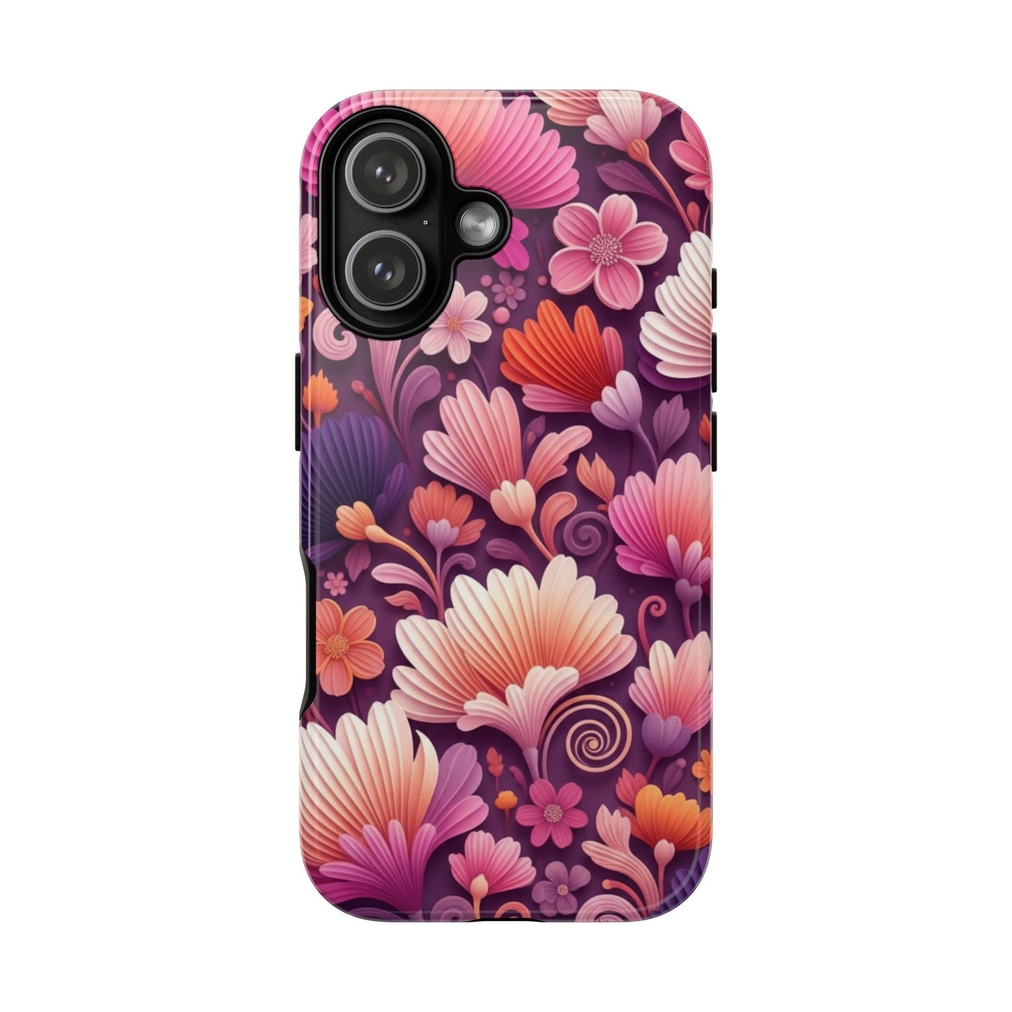 Floral Vibes Phone Case — iPhone Tough Cases Phone Cases for iPhone 14\15\16\17 – Dual Layer, Matte/Glossy Finish, Wireless Charging Compatible. Pink & Purple Retro Blossom Protective Cover