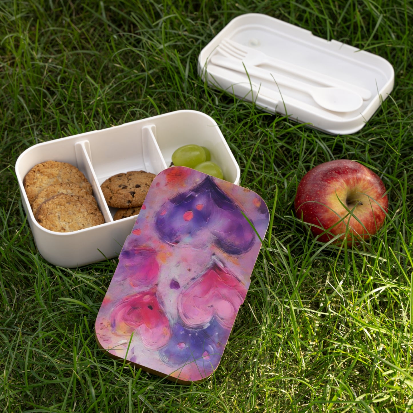 Heart Watercolor Bento Box — Purple & Pink Cute Lunch Box - Portable Food Container with Wooden Lid & Two Moveable Compartments for Work, School & Picnics