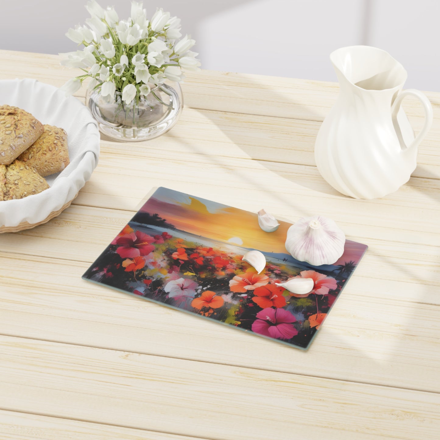 Tempered Glass Cutting Board – Hygienic, Scratch-Resistant, Dishwasher-Safe | Modern Kitchen Essential, Vibrant Floral Sunset Cutting Board - Artistic Kitchen Decor