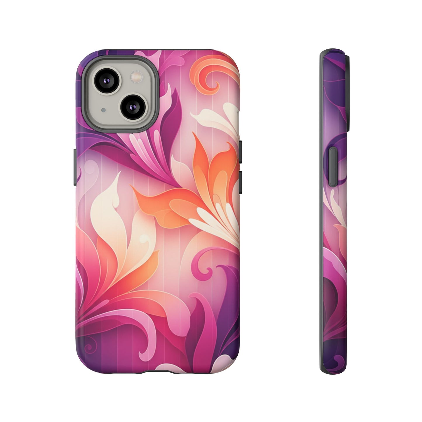 Floral Swirl Tough Phone Case iPhone Tough Cases Phone Cases for iPhone 14\15\16\17 – Dual Layer, Matte/Glossy Finish, Wireless Charging Compatible — Pink & Orange Protective iPhone Cover