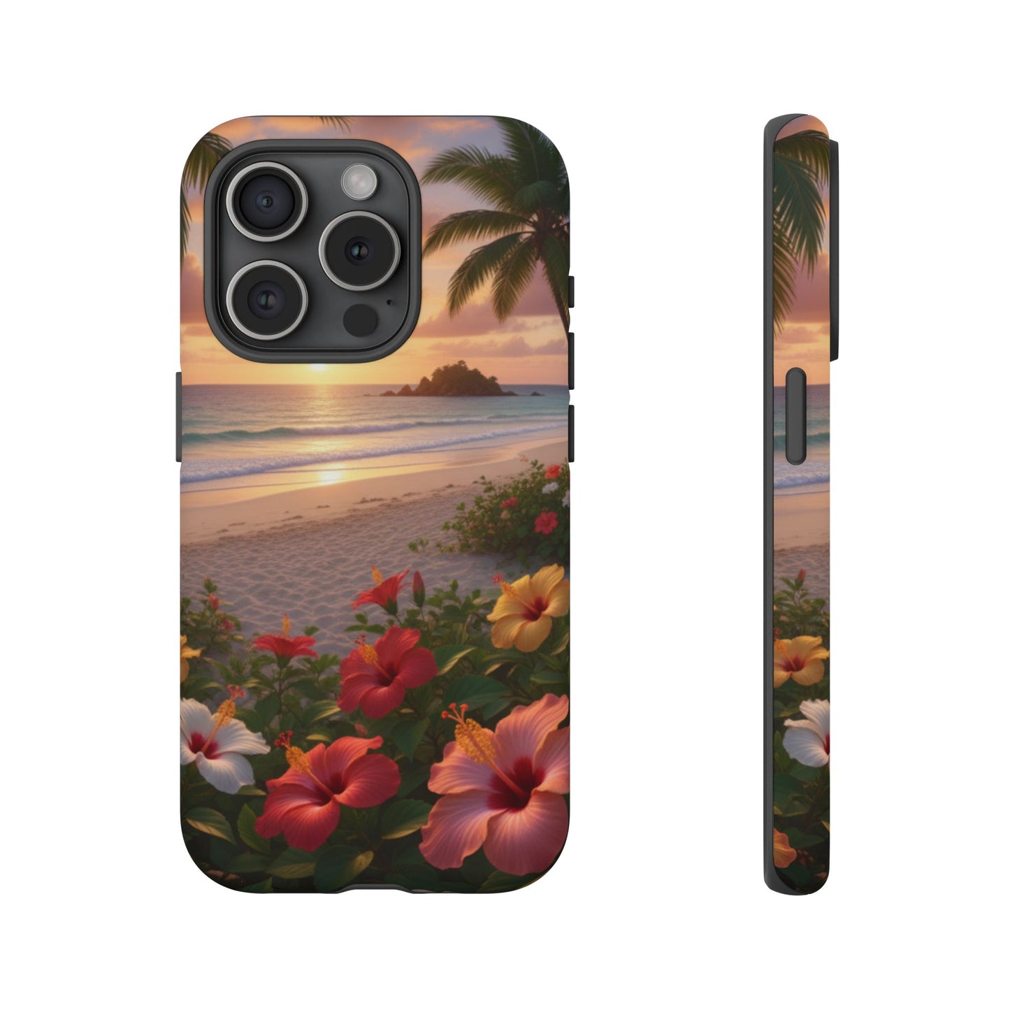 iPhone Tough Cases Phone Cases for iPhone 14\15\16\17 – Dual Layer, Matte/Glossy Finish, Wireless Charging CompatibleTough Cases — Tropical Sunset Hibiscus Phone Case
