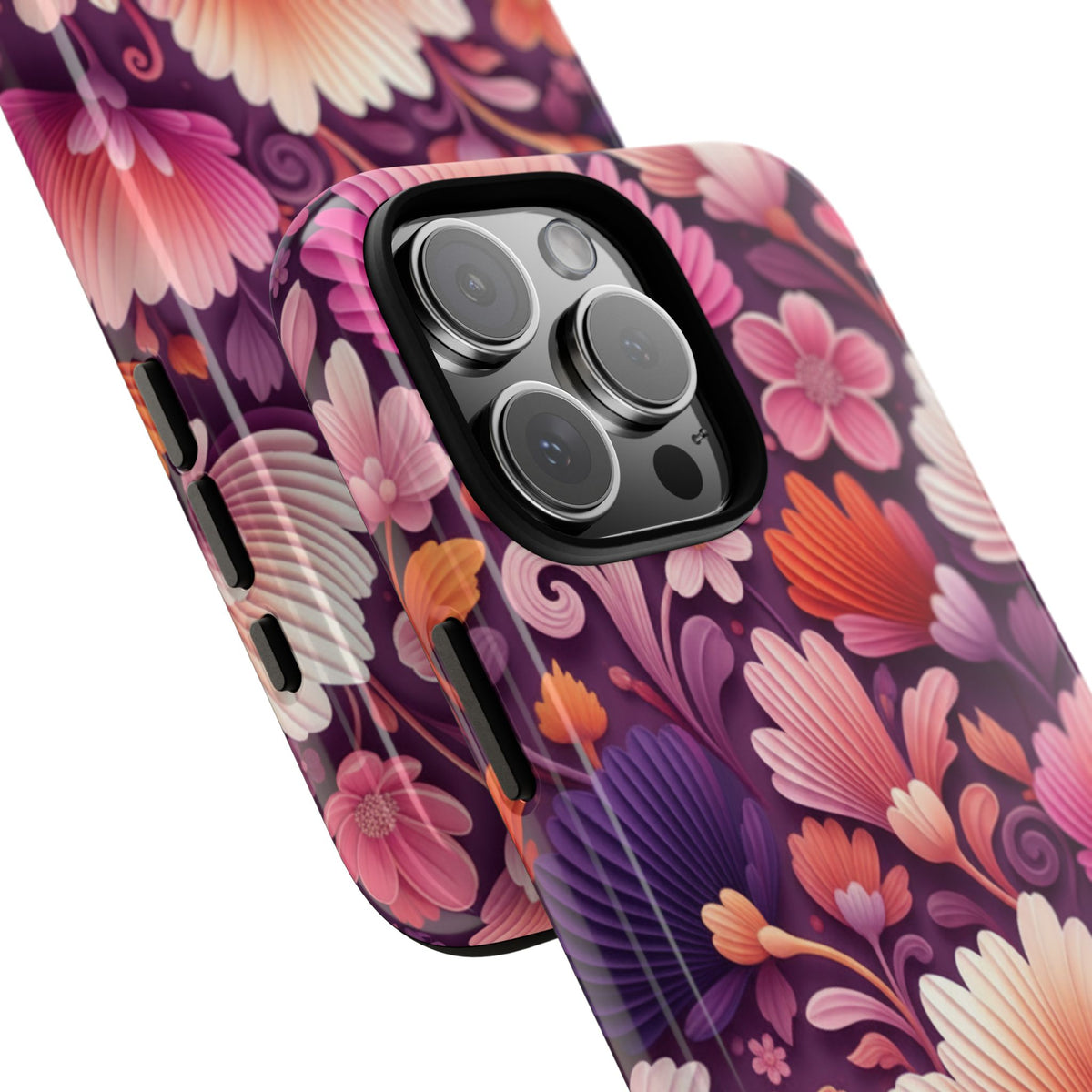 Floral Vibes Phone Case — iPhone Tough Cases Phone Cases for iPhone 14\15\16\17 – Dual Layer, Matte/Glossy Finish, Wireless Charging Compatible. Pink & Purple Retro Blossom Protective Cover