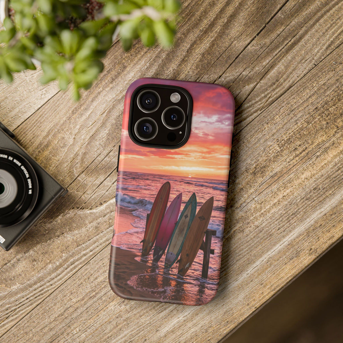 iPhone Tough Cases Phone Cases for iPhone 16\17\18 – Dual Layer, Matte/Glossy Finish, Wireless Charging Compatible. Phone Case - Sunset Surfboard Beach Case