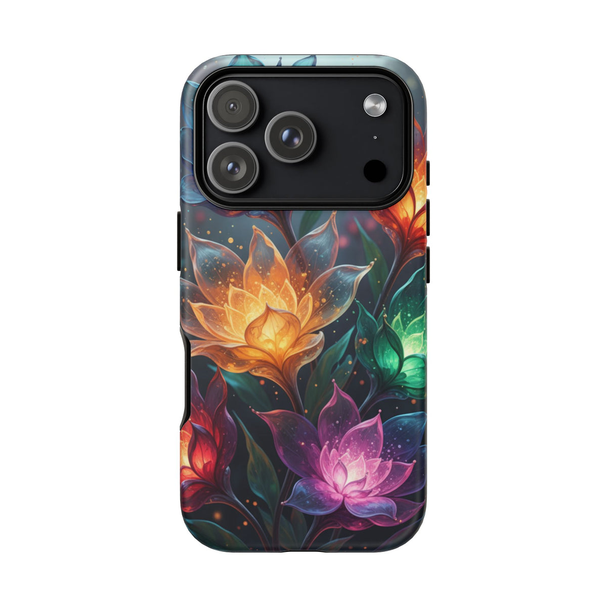iPhone Tough Cases Phone Cases for iPhone 14\15\16\17 – Dual Layer, Matte/Glossy Finish, Wireless Charging CompatibleFloral Lotus Tough Phone Case - Colorful Glowing Flowers Protective Cover