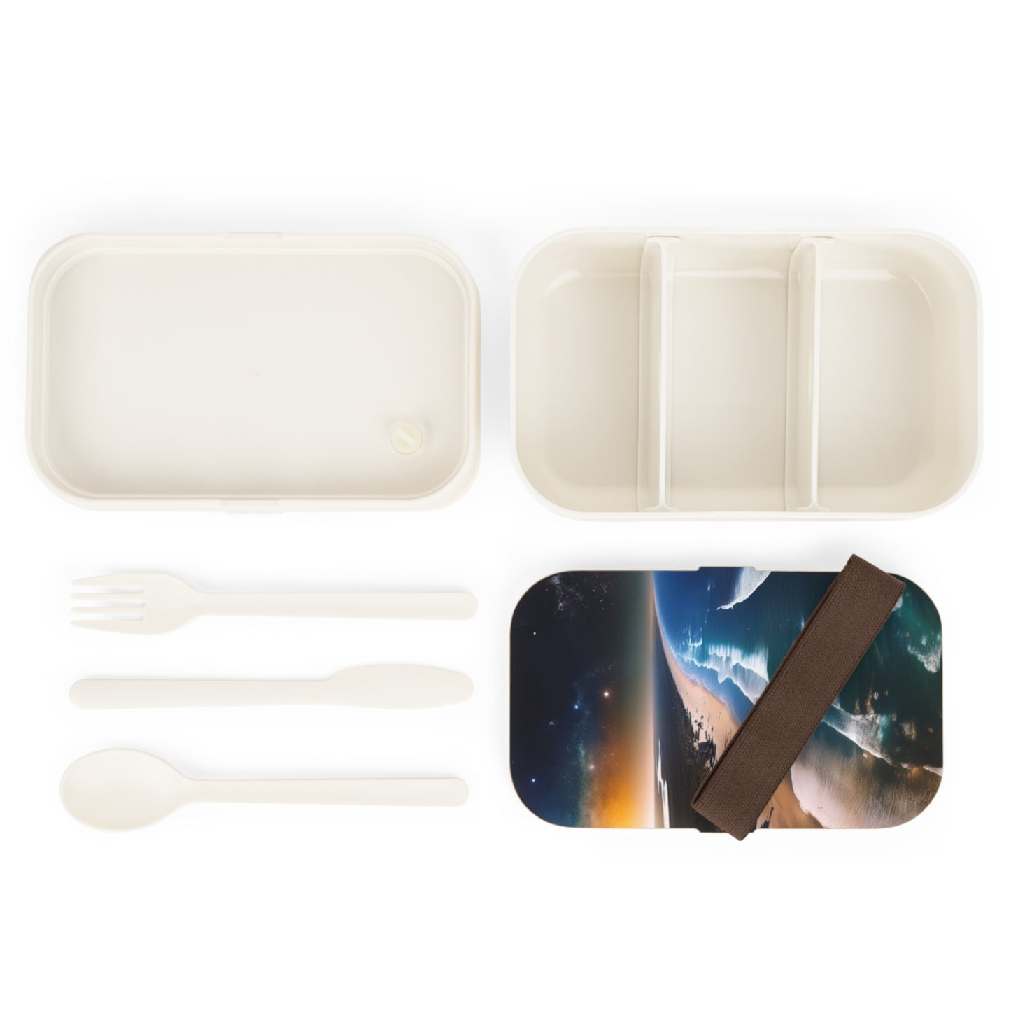 Scenic Ocean Sunset Bento Lunch Box — Beach Wave Landscape Portable Food Container with Wooden Lid & Two Moveable Compartments for Work, School & Picnics