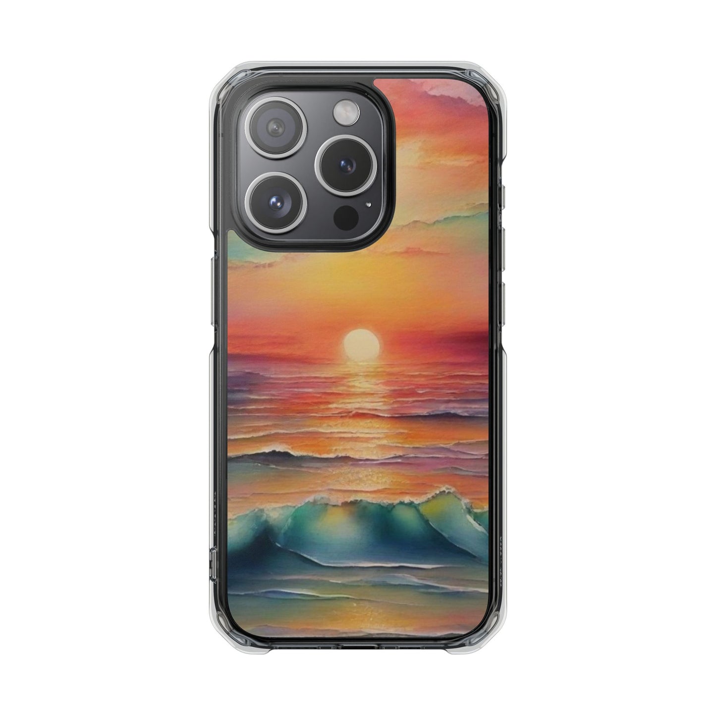 Clear Magnetic Phone Case — Sunset Ocean Art Design. Magnetic Impact Phone Case for iPhone 17/16/15/14. The Embedded Magnet Ring Keeps MagSafe Accessories Snapping on Smoothly.