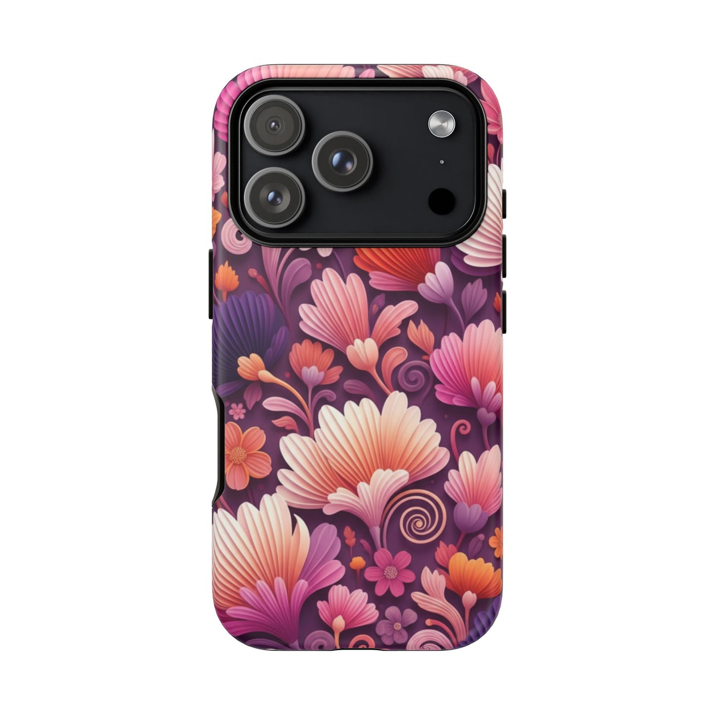 Floral Vibes Phone Case — iPhone Tough Cases Phone Cases for iPhone 14\15\16\17 – Dual Layer, Matte/Glossy Finish, Wireless Charging Compatible. Pink & Purple Retro Blossom Protective Cover
