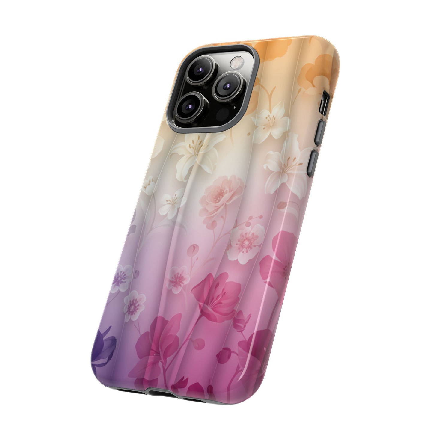 Floral Gradient Phone Case iPhone Tough Cases Phone Cases for iPhone 14\15\16\17 – Dual Layer, Matte/Glossy Finish, Wireless Charging Compatible - Pastel Ombre Flowers Protective Cover