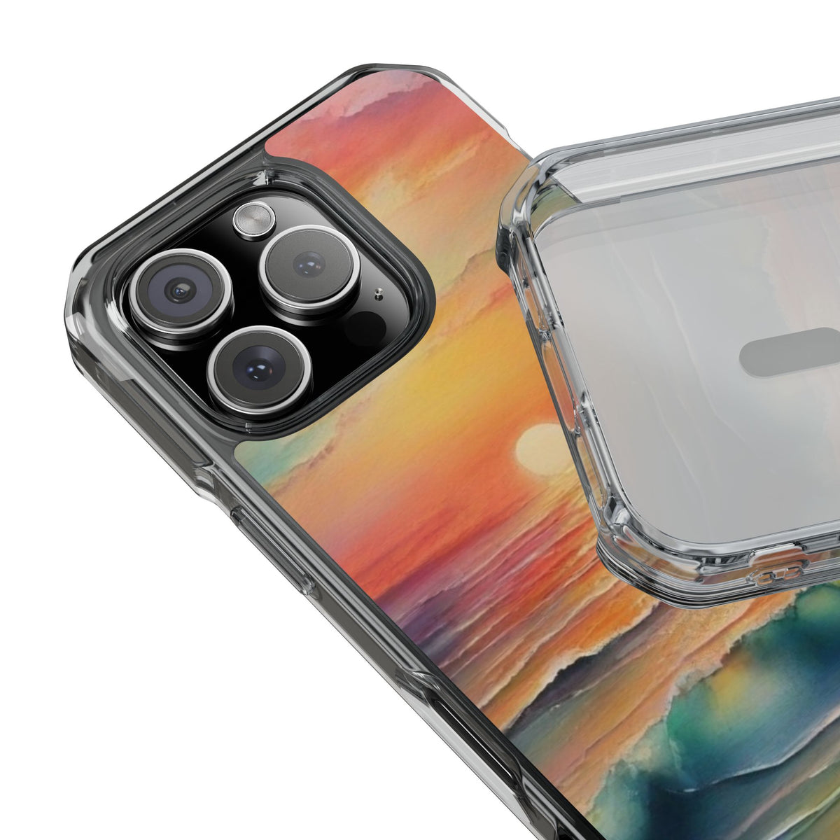 Clear Magnetic Phone Case — Sunset Ocean Art Design. Magnetic Impact Phone Case for iPhone 17/16/15/14. The Embedded Magnet Ring Keeps MagSafe Accessories Snapping on Smoothly.