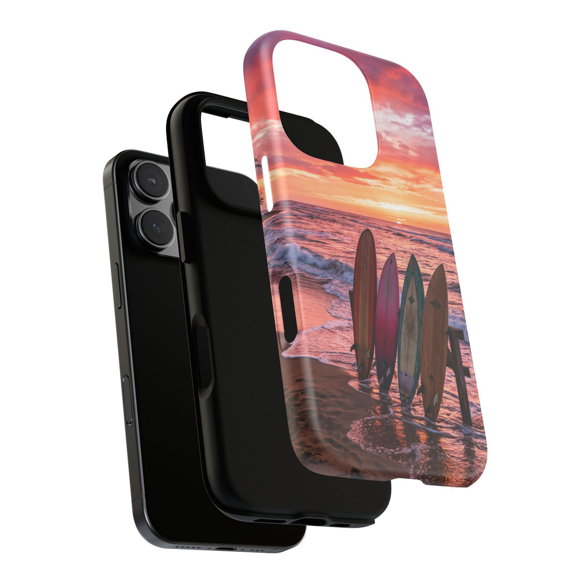 iPhone Tough Cases Phone Cases for iPhone 16\17\18 – Dual Layer, Matte/Glossy Finish, Wireless Charging Compatible. Phone Case - Sunset Surfboard Beach Case