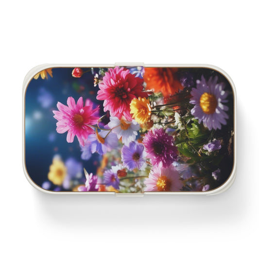 Floral Bouquet Bento Lunch Box. Portable, Custom Designed Food Container with Wooden Lid & Two Moveable Compartments for Work, School & Picnics