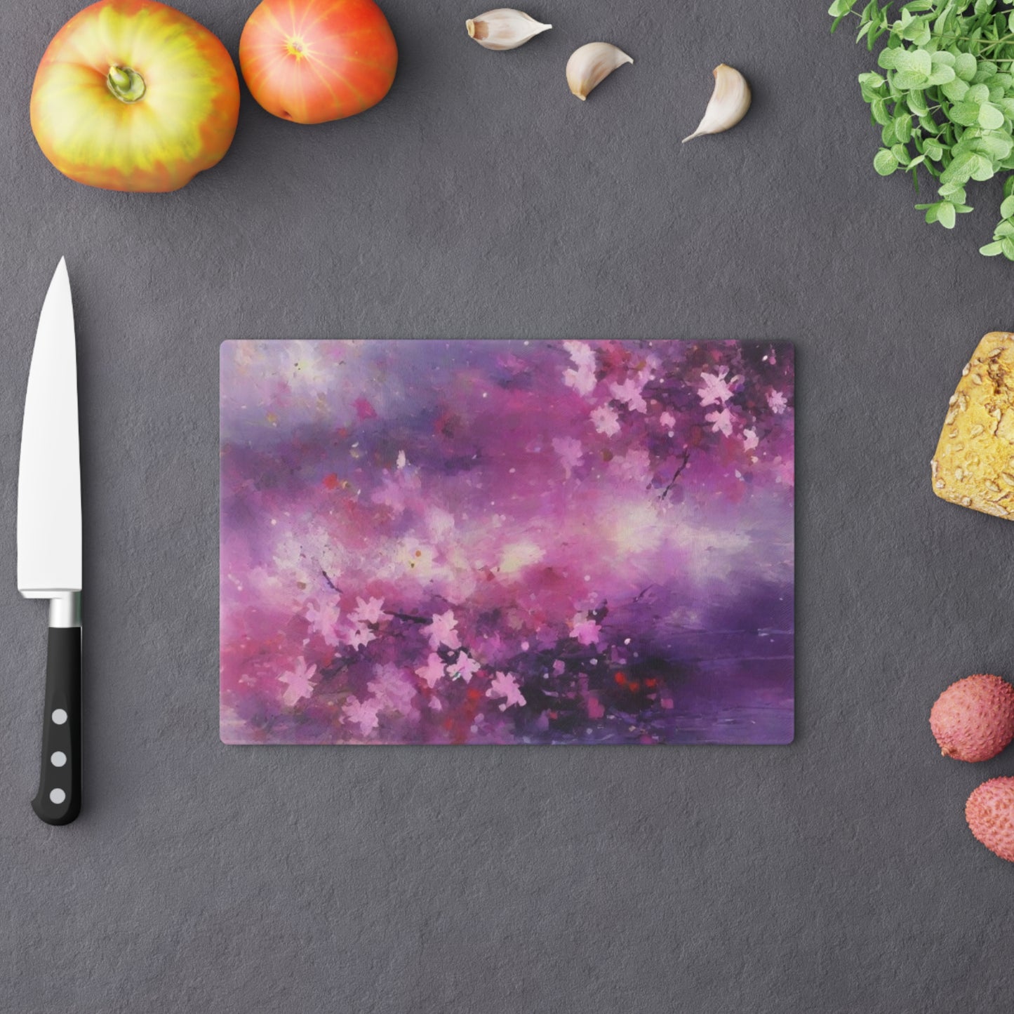Tempered Glass Cutting Board – Hygienic, Scratch-Resistant, Dishwasher-Safe | Modern Kitchen Essential, Floral Artistic Cutting Board - Purple Blossom Design