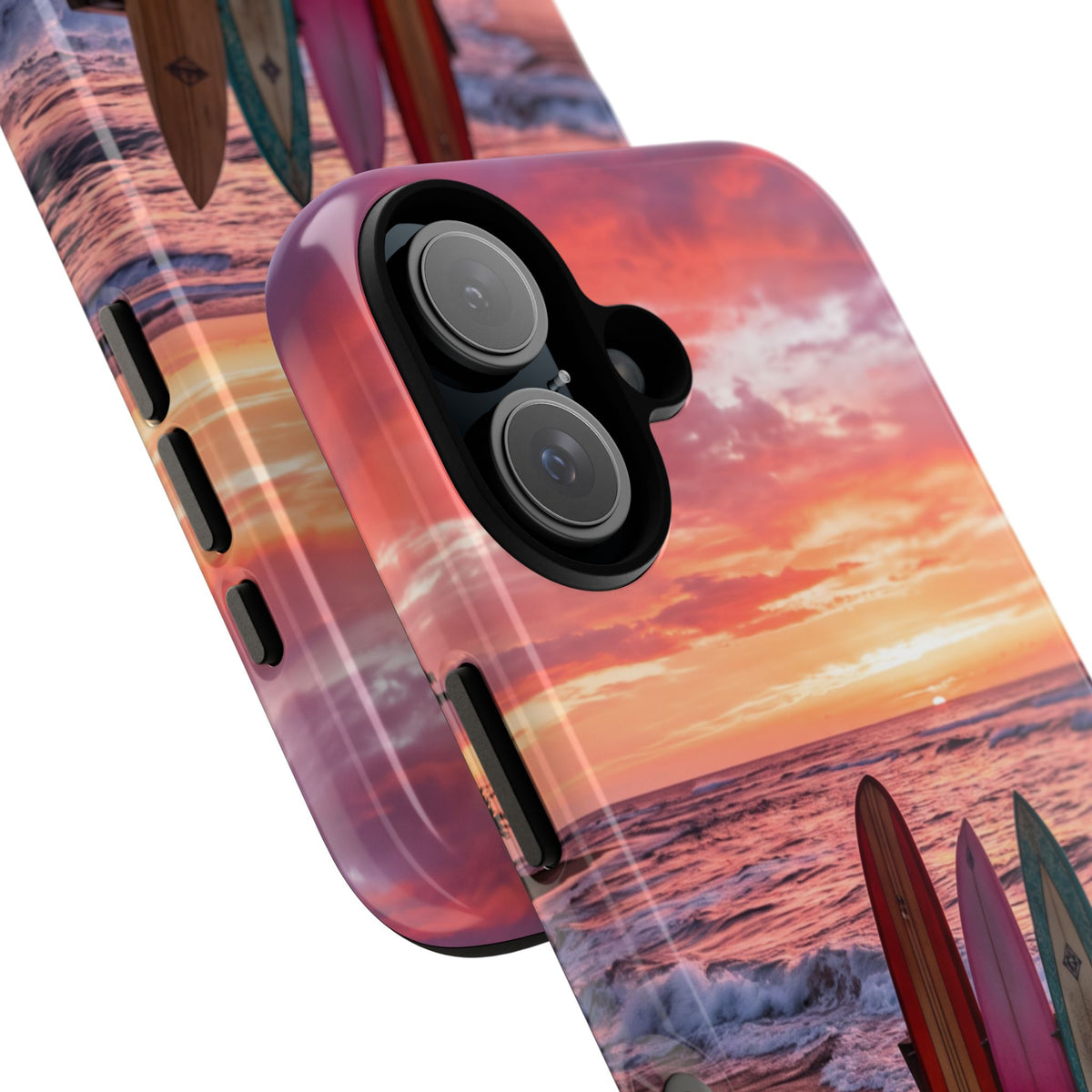 iPhone Tough Cases Phone Cases for iPhone 16\17\18 – Dual Layer, Matte/Glossy Finish, Wireless Charging Compatible. Phone Case - Sunset Surfboard Beach Case