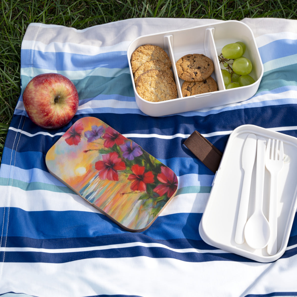 Stylish Bento Box Lunchbox – Portable, Designed Food Container with Wooden Lid & Two Moveable Compartments for Work, School & Picnics