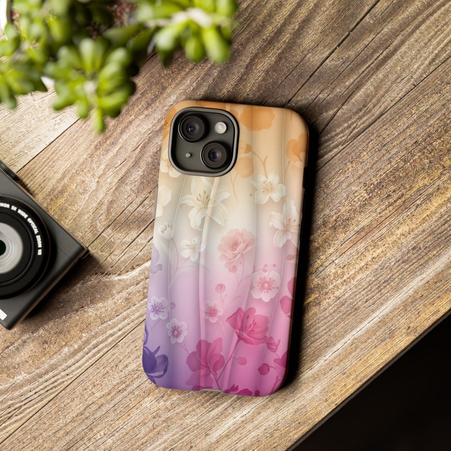 Floral Gradient Phone Case iPhone Tough Cases Phone Cases for iPhone 14\15\16\17 – Dual Layer, Matte/Glossy Finish, Wireless Charging Compatible - Pastel Ombre Flowers Protective Cover