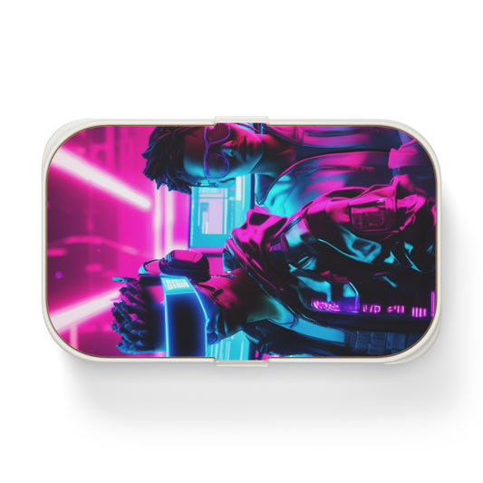 Stylish Bento Box Lunchbox – Portable, Designer Food Container with Wooden Lid & Two Moveable Compartments for Work, School & Picnics, Cyberpunk Bento Lunch Box - Stylish & Functional Meal Container