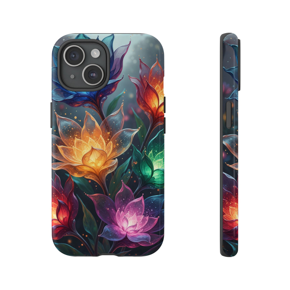 iPhone Tough Cases Phone Cases for iPhone 14\15\16\17 – Dual Layer, Matte/Glossy Finish, Wireless Charging CompatibleFloral Lotus Tough Phone Case - Colorful Glowing Flowers Protective Cover