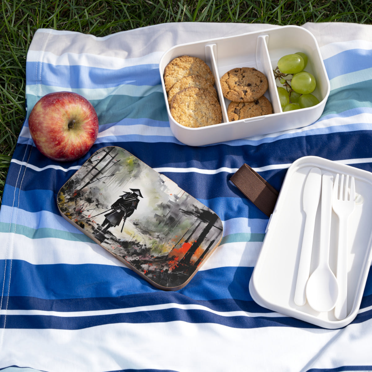 Stylish Bento Box Lunchbox – Portable, Designed Food Container with Wooden Lid & Two Moveable Compartments for Work, School & Picnics