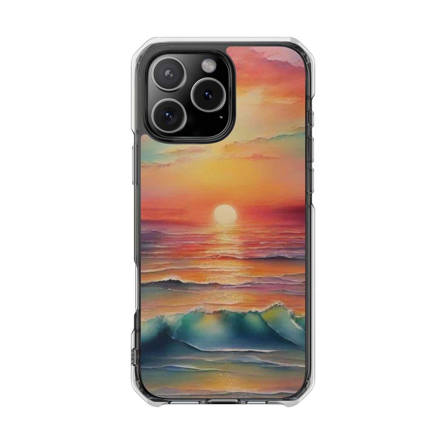 Clear Magnetic Phone Case — Sunset Ocean Art Design. Magnetic Impact Phone Case for iPhone 17/16/15/14. The Embedded Magnet Ring Keeps MagSafe Accessories Snapping on Smoothly.