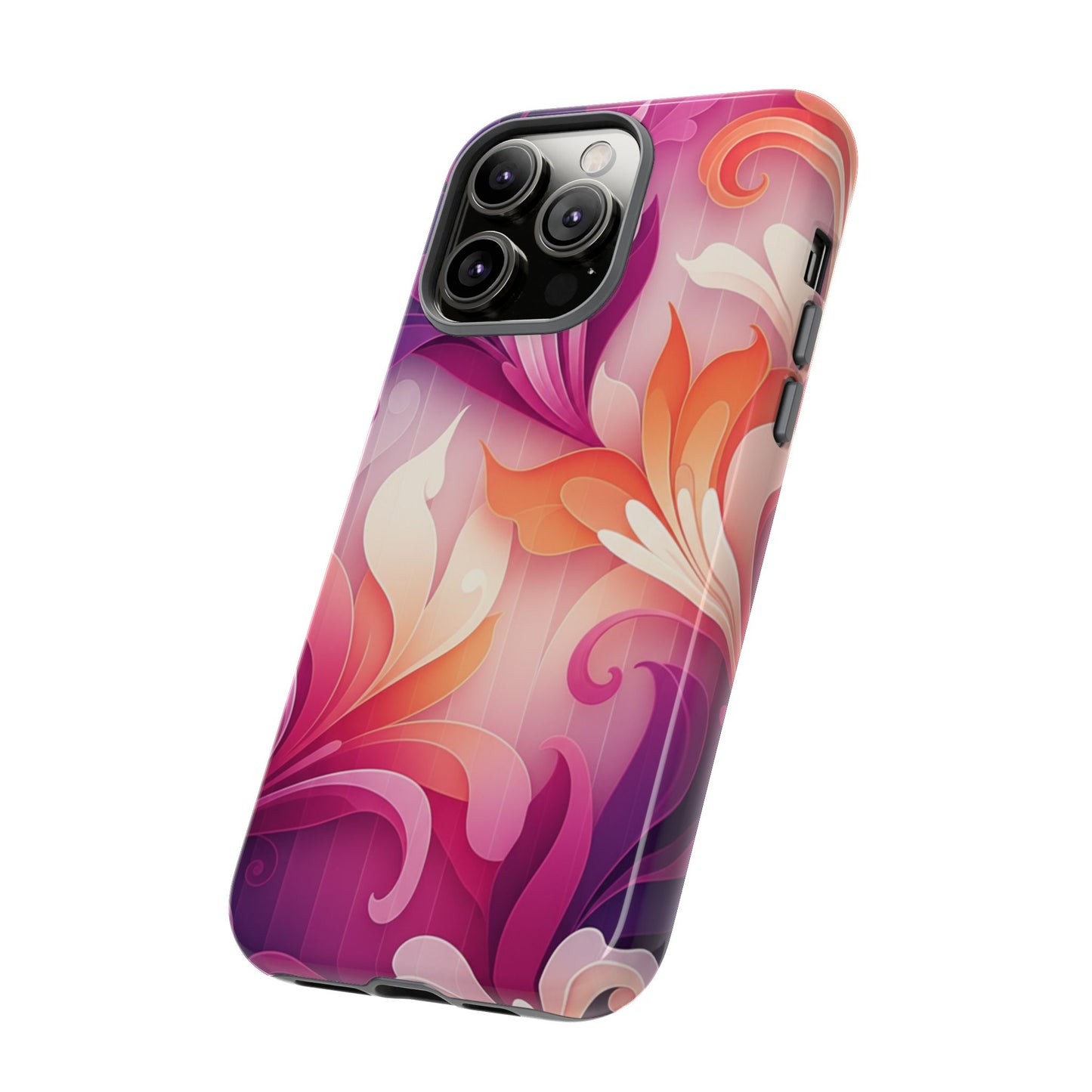 Floral Swirl Tough Phone Case iPhone Tough Cases Phone Cases for iPhone 14\15\16\17 – Dual Layer, Matte/Glossy Finish, Wireless Charging Compatible — Pink & Orange Protective iPhone Cover